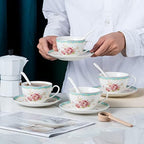 Jusalpha Serve of 4 Vintage Rose China Tea Cup/Coffee Cup Spoon and Saucer Set- 7 Oz, Afternoon Tea Set, Gift for Women TCS29(4) - Image 2