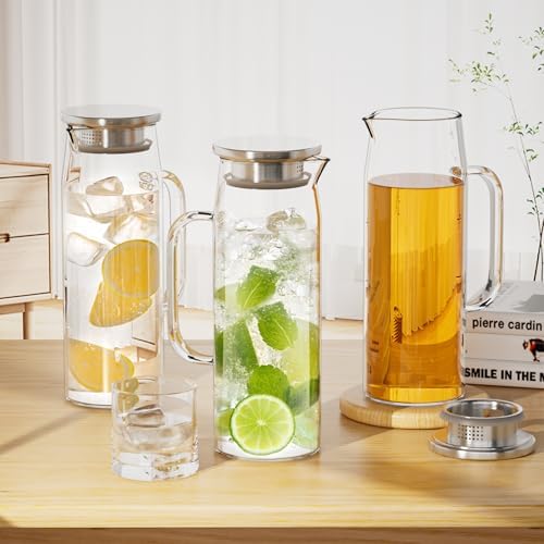 3 Sets Glass Pitcher with Lid, 50 oz / 1500 ml Water Carafe with Handles Hot Cold Beverage Water Jar Glass Jug (Stainless steel lid) - Image 6