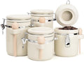 4 Piece Airtight Ceramic Canister Set With Attached Wooden Spoon Reusable Chalk Labels For Dry Goods Sugar Coffee Tea Kitchen Storage Use (Cream) by TryitBuyitYoulllikeit