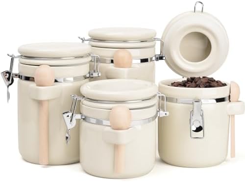 4 Piece Airtight Ceramic Canister Set With Attached Wooden Spoon Reusable Chalk Labels For Dry Goods Sugar Coffee Tea Kitchen Storage Use (Cream) by TryitBuyitYoulllikeit