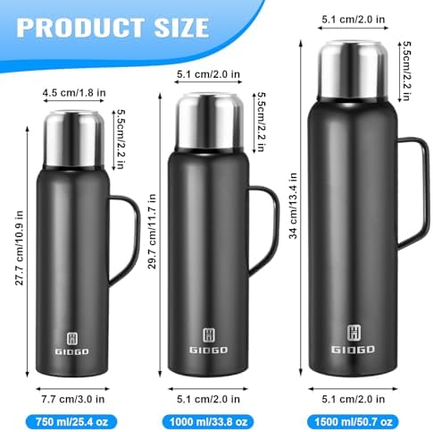 Insulated Vacuum Thermo Bottle 1500ml/50.7oz with Cup Stainless Steel Coffee Bottles for Hot and Cold Drink Water Flask.(Black, with Handle, 1500ml) - Image 6