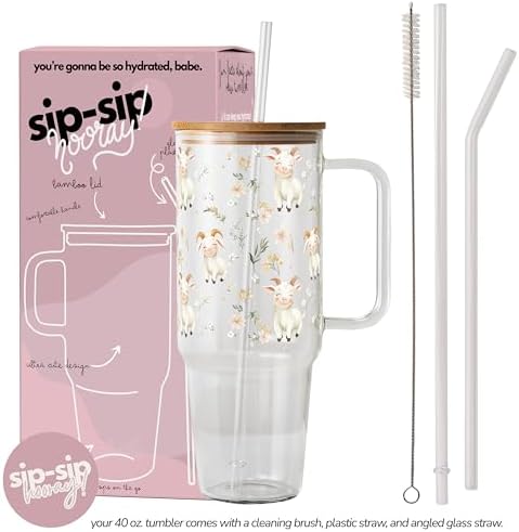 Sip-Sip Hooray! Smiling Goats 40oz Glass Tumbler with Lid and Straw - Image 4