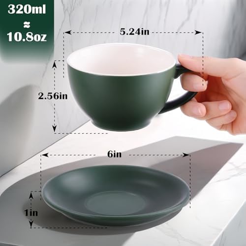 Yundu Matte Green Cappuccino Cups Set of 4-10oz Ceramic Latte Mugs with Saucers, Elegant Espresso Cups for Coffee & Tea - Image 2