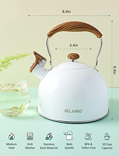 Tea Kettle, BELANKO 85 OZ / 2.5 Liter Whistling Tea Kettle, Tea Pots for Stove Top Food Grade Stainless Steel with Wood Pattern Folding Handle, Loud Whistle Kettle for Tea, Coffee, Milk - Gloss White - Image 5