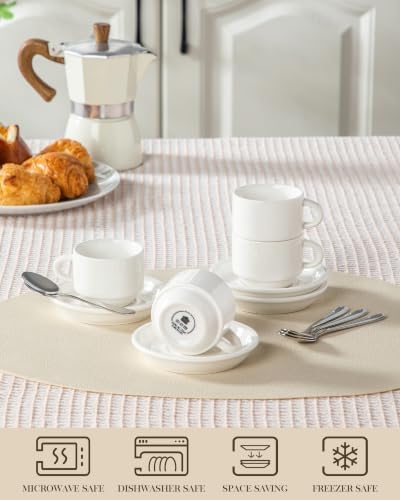 MALACASA 2.5 OZ Espresso Cups Set of 4, Porcelain Stackable Coffee Cups with Saucers, Spoons and Metal Stand, Demitasse Mugs Cappuccino Cups, Espresso Accessories for Machine - Image 3