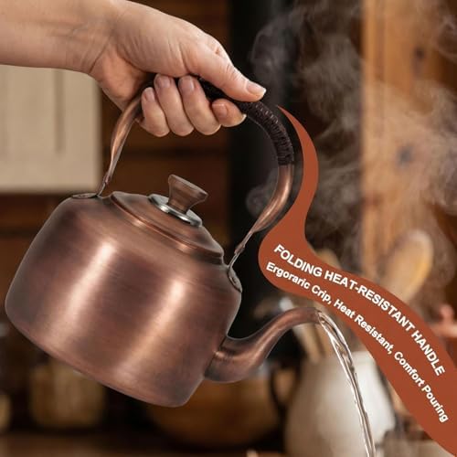 Copper Tea Kettle Stovetop Whistling, 3QT 5QT 7QT, Fast Boil, Vintage Rustic, Ergonomic Handle, for Gas Range, Propane, Fireplace, Camp Cooking(3 Quarts) - Image 4