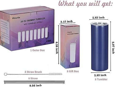 8 Pack 20 Oz Stainless Steel Straight Skinny Tumblers, Insulated Slim Thin Travel Cup Set for DIY, Navy - Image 5