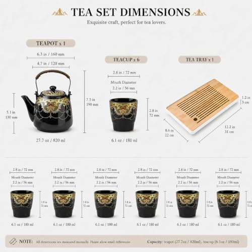Japanese Tea Set, Black Porcelain Tea Set with 1 Teapot Set, 6 Tea Cups, 1 Tea Tray, 1 Stainless Infuser, Beautiful Asian Tea Sets for Adults, Tea Lover/Women/Men (Black BeadChain Pattern) - Image 2