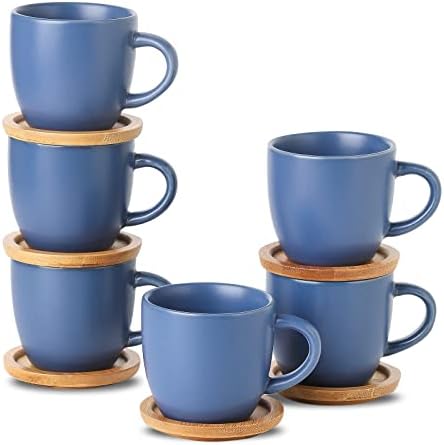 Hasense Espresso Cups and Saucers Set of 6, Demitasse Cups with Handle for Coffee Drinks, Latte, Cappuccino, Cafe Mocha and Tea, 4 Ounce Porcelain Coffee Cups for Coffee Bar Home and Party, Blue by Hasense