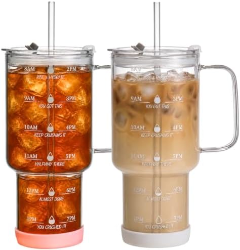 40 oz Glass Tumbler with Lid and Straw, Glasses Tumbler with Time Marker, Silicone Boot, Spill-proof Drinking Glasses for Cocktail, Juice, Smoothies, Set of 2 by Unknown