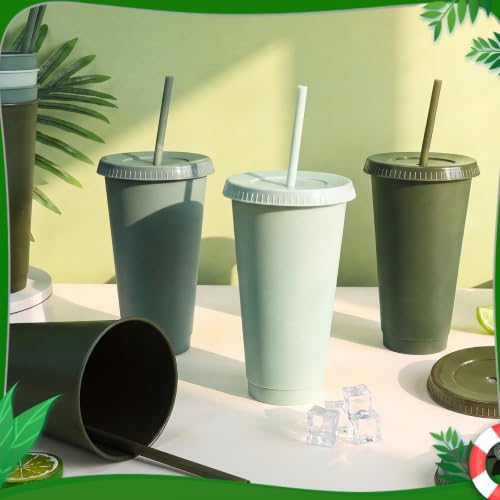 24 Pack Plastic Tumblers with Lids and Straws, Reusable Cups with Lids Plastic Colorful Cups for Parties Birthdays, Iced Coffee Cup Cold Drink Cups Bulk Tumblers (24 oz, Gradient Sage Green Colors) - Image 3
