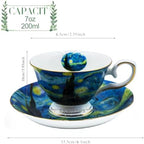 Floral Tea Cups Saucers Set of 2, Bone China 7 oz British Teacups Porcelain Coffee Cup for Rose Tea Cappuccino Espresso Latte (Starry Sky & Starry Sky) - Image 2