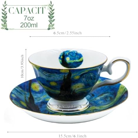 Floral Tea Cups Saucers Set of 2, Bone China 7 oz British Teacups Porcelain Coffee Cup for Rose Tea Cappuccino Espresso Latte (Starry Sky & Starry Sky) - Image 2