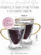 Sister.ly Drinkware Hammered Double Wall Glass Coffee Cups – Set of 2, 12oz – Insulated Glass Mugs with Gold Rim & Handle – Elegant Clear Coffee Cups for Latte, Espresso, Tea, Irish Coffee - Image 2