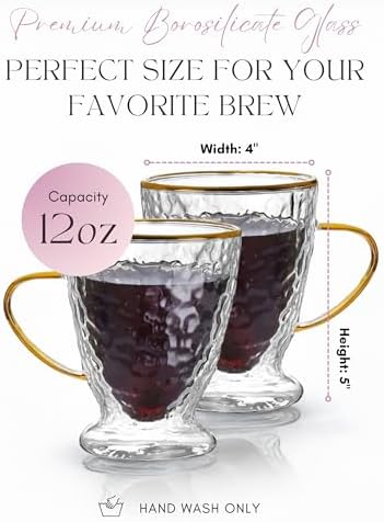 Sister.ly Drinkware Hammered Double Wall Glass Coffee Cups – Set of 2, 12oz – Insulated Glass Mugs with Gold Rim & Handle – Elegant Clear Coffee Cups for Latte, Espresso, Tea, Irish Coffee - Image 2