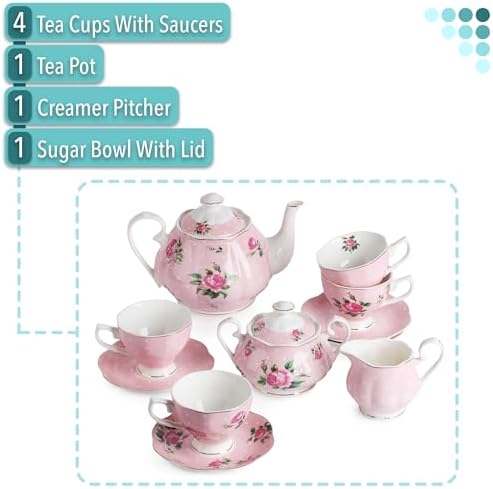 BTaT- Floral Tea Sets for Adults, 13 pcs, Service for 4, Pot (38 oz) & Cups (8 oz) with Saucers, Pastel Pink Floral Design with Gift Box, Porcelain Tea Set for Adult, Dishwasher Safe - Image 2