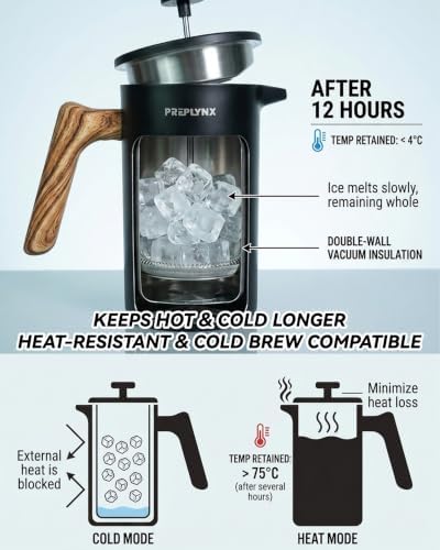 Stainless Steel French Press Coffee Maker, Double Wall Vacuum Insulated Coffee Press with Heat-Resistant Black Coated Exterior, 34oz/1L, Durable Coffee Press for Hot & Cold Brew - Image 6