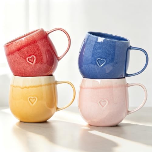 Stoneware Coffee Mugs Set of 4, 12oz Hand-Painted Coffee Cups with Handle by ALOFMO