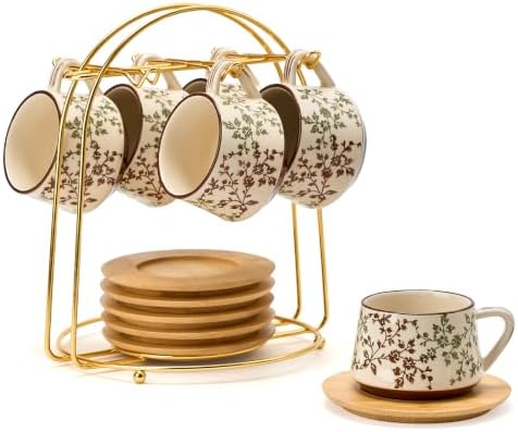 LUKA Ceramic Coffee Espresso Cups with Saucers Set andMetal Stand, 4.4 oz Unique Porcelain Demitasse Cups ForTea, Espresso, Latte, Set of 6, Green and Beige by LUKA