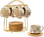 LUKA Ceramic Coffee Espresso Cups with Saucers Set andMetal Stand, 4.4 oz Unique Porcelain Demitasse Cups ForTea, Espresso, Latte, Set of 6, Green and Beige by LUKA