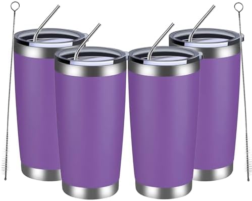 MEWAY 20oz Tumbler 4 Pack Double Wall Vacuum Insulated Travel Mug Bulk, Stainless Steel Tumblers with Lid and Straw, Durable Powder Coated Coffee Cups for Cold & Hot Drinks (Purple, 4) by MEWAY