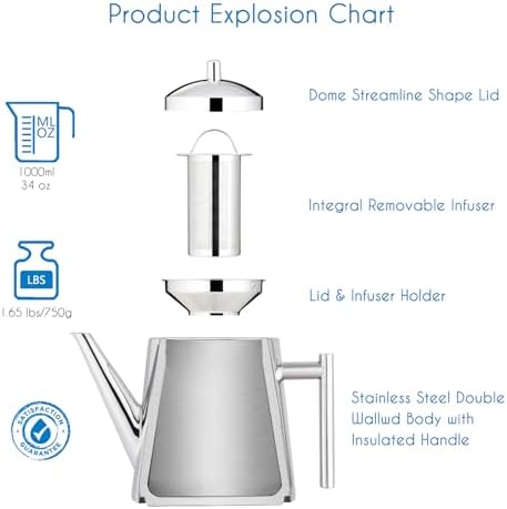 Easyworkz Stainless Steel Double Wall 34 oz Tea Pot with Removable Tea Infuser, Perfect for Brewing Your Favorite Tea, Chrome - Image 4