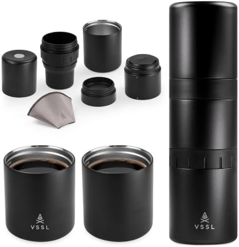 VSSL - Nest Pour Over Coffee Kit | Coffee Maker for Camping | All-In-One Travel Pour Over | Transportable Dripper, Two 10oz Stainless Steel Travel Mugs | Compact Storage & Adventure Ready | Black by VSSL
