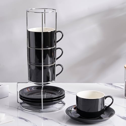 8 Ounce Stackable Cappuccino Cups with Saucers and Metal Stand - Image 6