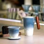suyika Tomotime Tea Cup with Infuser and Lid 400ml Ceramic Tea Mugs Smooth Inner Wall Wooden Handle 13.5 oz,Blue - Image 6