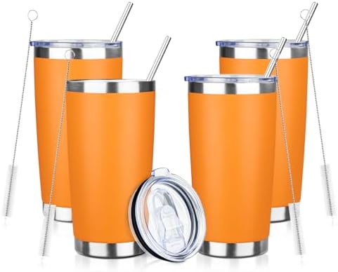 20oz Tumbler with Straw and Brush, Stainless Steel Vacuum Insulated tumbler, Double Wall Insulated Coffee Tumbler for Outdoor, Home, Travel,Office (Orange,4pcs) by ATIKZHE