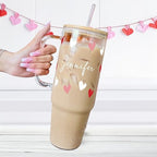 Personalized Name Hearts 40oz Glass Tumbler with Lid and Straw, Valentine's Day Gift for Girlfriend, Galentine's Day Custom Cup Iced Coffee - Image 2