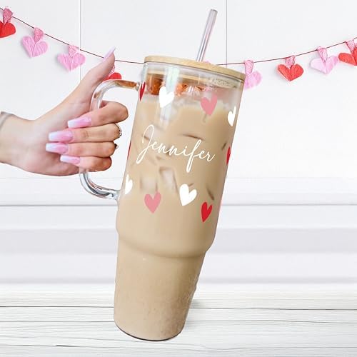 Personalized Name Hearts 40oz Glass Tumbler with Lid and Straw, Valentine's Day Gift for Girlfriend, Galentine's Day Custom Cup Iced Coffee - Image 2