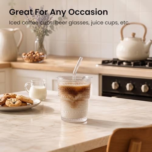 INSETLAN Iced Coffee Cups with Lids and Straws, 13 oz Hobnail Glass Tumbler - Image 2
