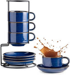 Gomakren 6oz Cappuccino Cups Set of 4 with Saucers Metal Rack, Cobalt Blue by Gomakren
