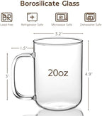Glass Coffee Mugs, 20 oz Ice Coffee Cups Set of 6, Large Clear Tea Cups, Glass Mugs with Handles for Hot Beverages, Glass Cups for Latte, Cappuccino, and Tea - Image 2