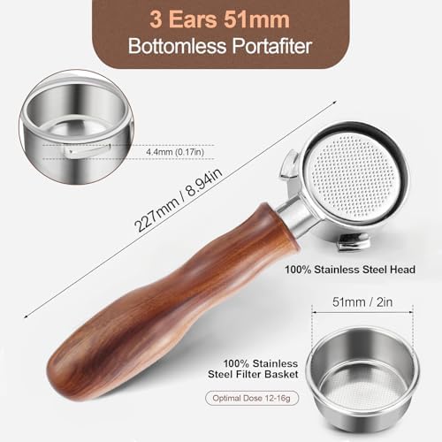 51mm Bottomless Portafilter with Puck Screen, 3 Ears Stainless Steel Head, Compatible with CASABREWS CM5418, 3700Essential, 3700Gense Espresso Machines, Includes 304 Stainless Steel Filter Basket - Image 3