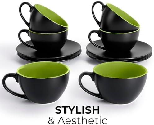 MIAMIO - Set of 6, Ceramic Stackable Cappuccino Cups Set / 6 Ounce Cappuccino Mugs and Saucer with Metal Stand for Coffee Drinks, Cafe, Latte, Americano and Tea - Le Papillon Collection (Green) - Image 6