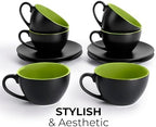 MIAMIO - Set of 6, Ceramic Stackable Cappuccino Cups Set / 6 Ounce Cappuccino Mugs and Saucer with Metal Stand for Coffee Drinks, Cafe, Latte, Americano and Tea - Le Papillon Collection (Green) - Image 6