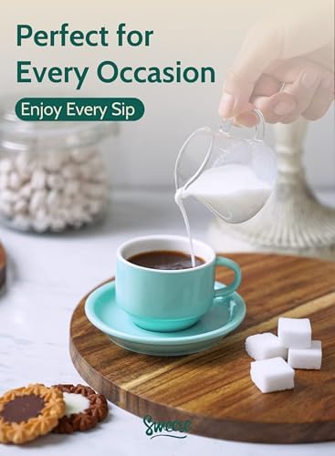 Sweese 2.5 Ounce Porcelain Stackable Espresso Cups with Saucers and Metal Stand Set of 4, Turquoise - Image 5