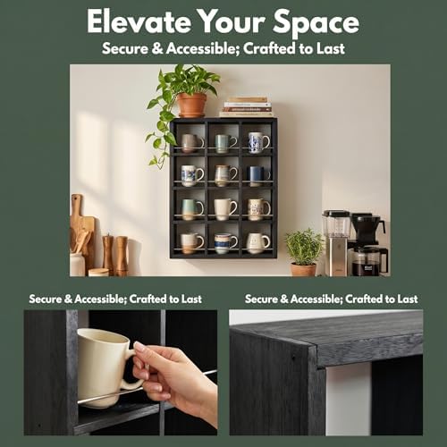 12 Grid coffee mug display shelf, 17x25" Wooden cup shelf for wall, Black - Image 5