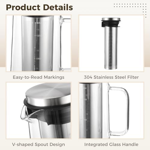 Cold Brew Pitcher, 1.4 L 48 Oz Borosilicate Glass Coffee Maker with Stainless Steel Mesh Filter and Airtight Lid, Iced Tea Maker for Home Beverage, Fridge Storage - Image 6