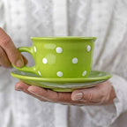 City to Cottage Handmade Lime Green and White Polka Dot Ceramic 8.4oz/250ml | Cappuccino, Coffee, Tea Cup and Saucer, Unique Designer Pottery Gift for Tea Lovers by CitytoCottage