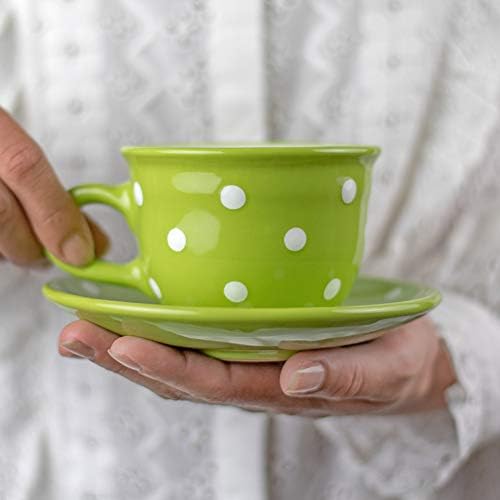 City to Cottage Handmade Lime Green and White Polka Dot Ceramic 8.4oz/250ml | Cappuccino, Coffee, Tea Cup and Saucer, Unique Designer Pottery Gift for Tea Lovers by CitytoCottage