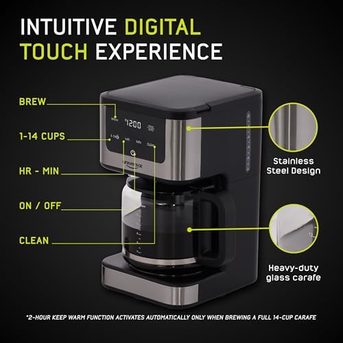 universal 14-Cup Programmable Drip Coffee Maker with 24-Hour Timer, Self-Cleaning System, Glass Carafe & Reusable Filter - Image 3