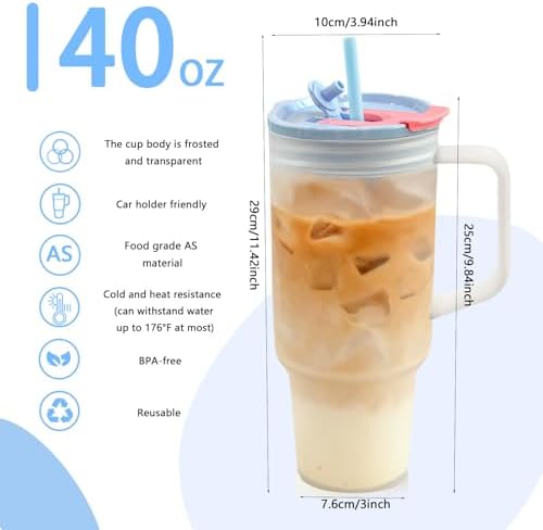 40oz Frosted Plastic Tumbler with Handle and Straw Lid, Reusable Large Iced Coffee Cup Travel Mug for Cold Drinks, Clear Acrylic Tumbler Cup for Smoothies, Tea, Juice, Office & Outdoor Use - Blue - Image 3