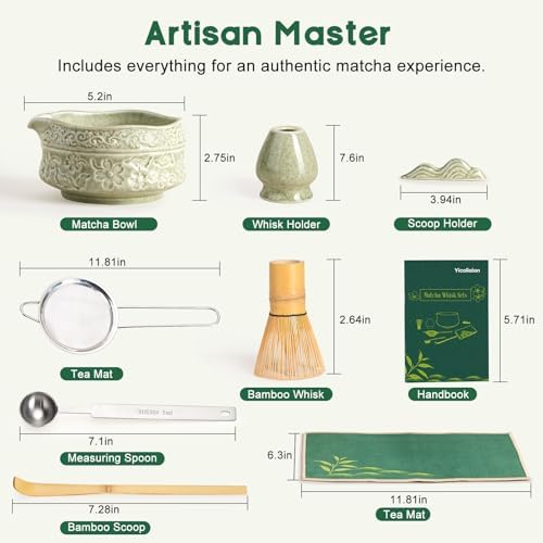 Matcha Whisk Set, 9 Pcs Matcha Set Kit for Ceremony Includes Ceramic Matcha Bowl, Holder, Bamboo Whisk & Scoop, Measuring Spoon, Scoop Rest, Sifter, Tea Towel, Handbook - Ideal Gift for All Ages - Image 3