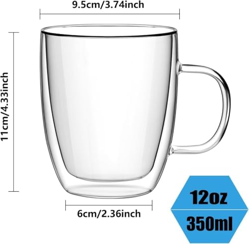 Double Wall Glass Coffee Mugs with Handle, 12 oz Set of 4 - Image 3