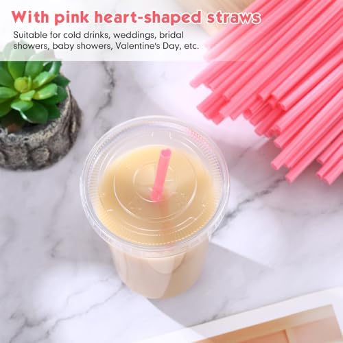 Ziliny 50 Sets 18 oz Clear Plastic Cups with Heart Shaped Straws and Lids - Image 2