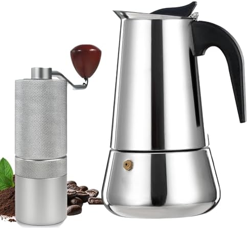 Manual Coffee Grinder Detachable Stainless Steel Conical Burr Aluminum Coffee Bean Grinder Silver with 4 Cup Stovetop Espresso Maker Stainless Steel Moka Pot Stove Top Percolator Italian Coffee by Theperfectcombinationofcoffeehomeandhealthylivingmakingeverydayadayofrituals