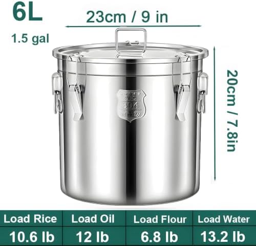 1.6Gal Small 304 Stainless Steel Containers with Lid, 202oz Airtight Flour Container Kitchen, 5-10lbs Metal Airtight Canisters Milk Jug Coffee Bean Canisters w/Locking Clamp 6L - Image 2